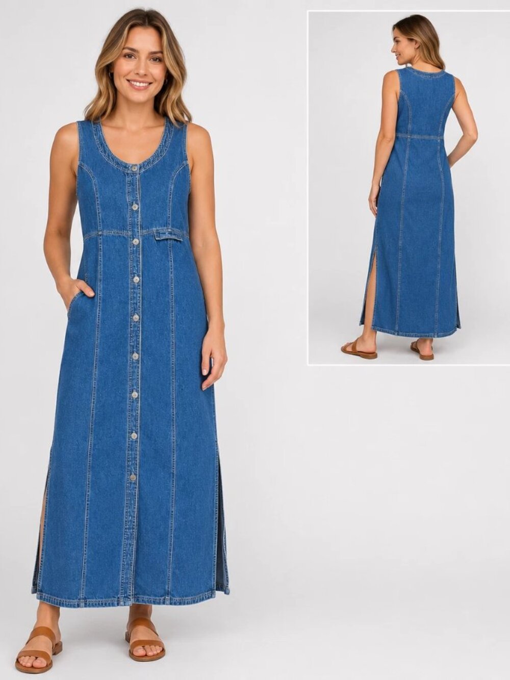 Vintage DPS New York Denim Maxi Dress M Button Front Side Slit Y2K 90s - Picture 1 of 5